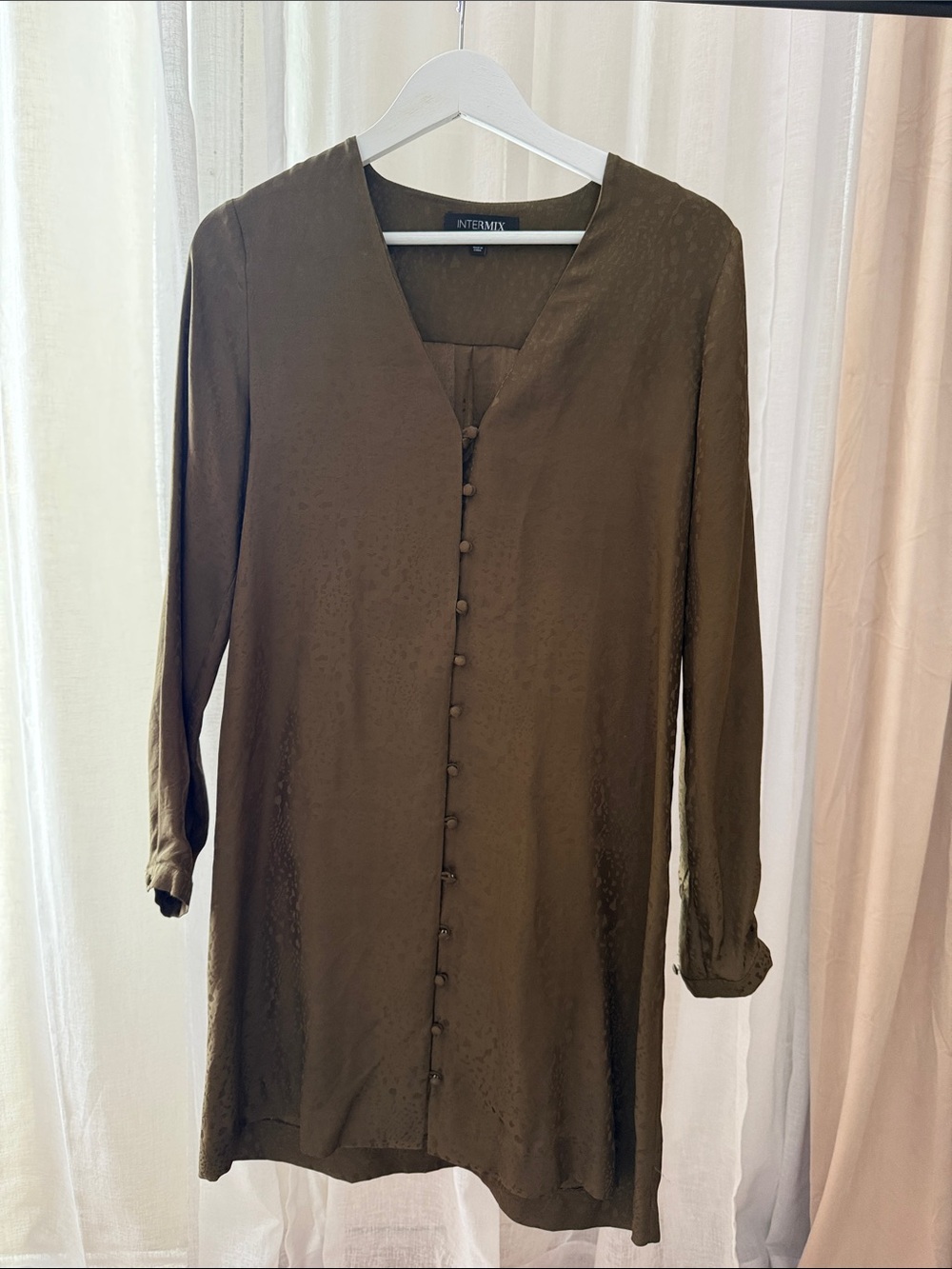 INTERMIX Olive Green Long-Sleeve Button-Front Tunic Dress